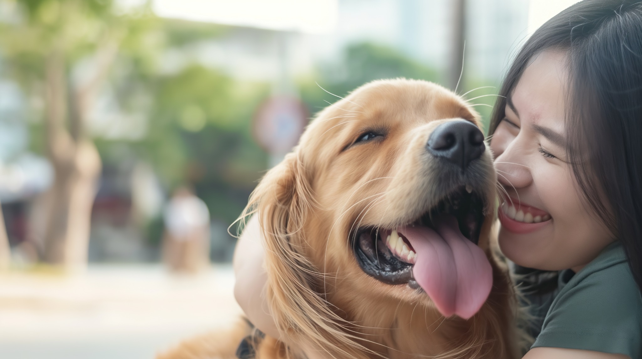 飼い主と犬が笑顔で寄り添う様子