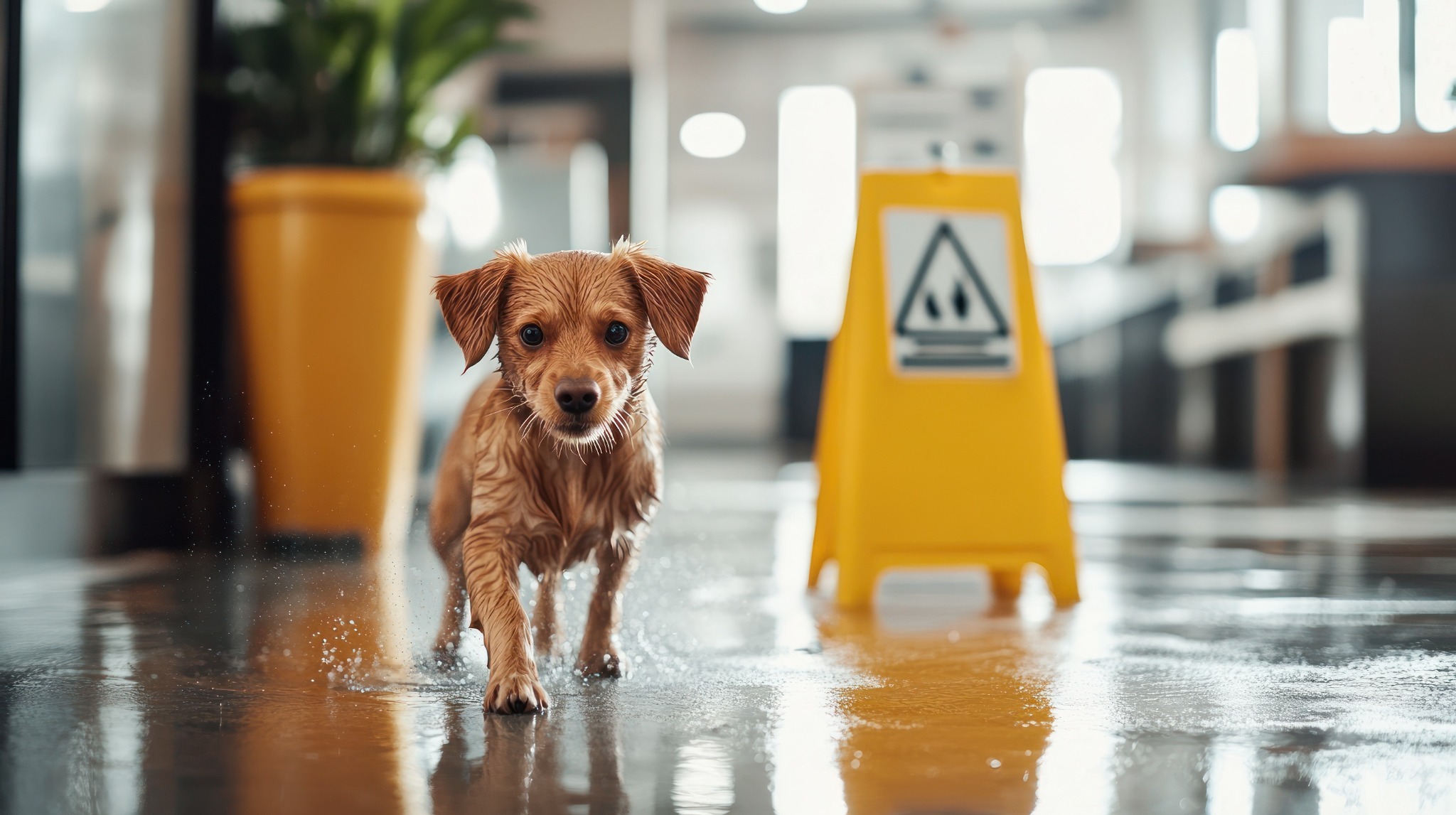 濡れた床を歩く犬のイメージ